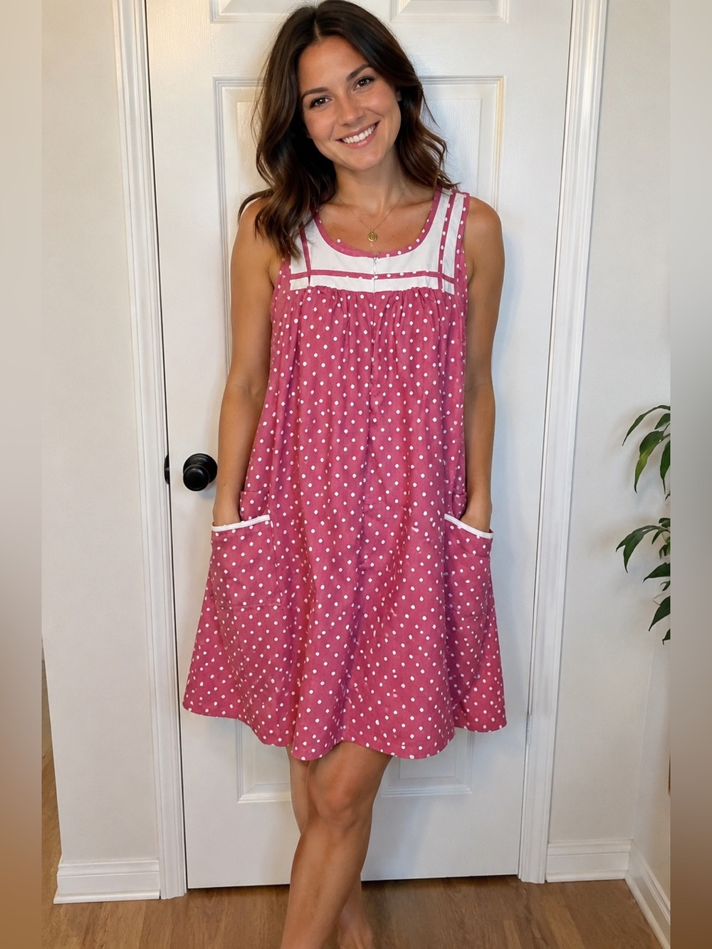 Vintage Leisure Life Pink Polka Dot House Dress Apron Dress Large Made in USA